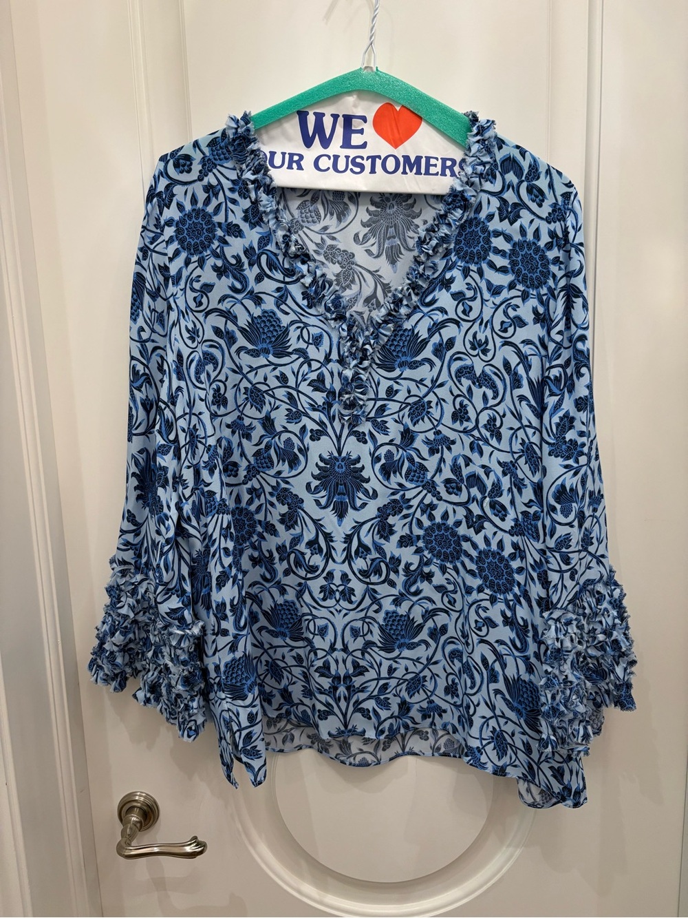 Kobi Halperin Light Blue and Navy Floral V-Neck Blouse